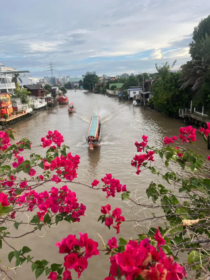 Longtail boat speeding through Bangkok's narrow khlong canals past traditional wooden houses on a combined tuk tuk and boat tour Bangkok Thailand